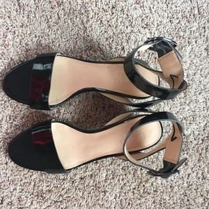 Franco Sarto black shiny block heels with criss-cross ankle buckle!